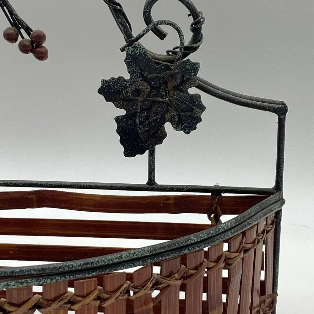 Wall Pocket Basket Semicircle Wood Slat Metal Grape Leaf Scroll French Country‎
